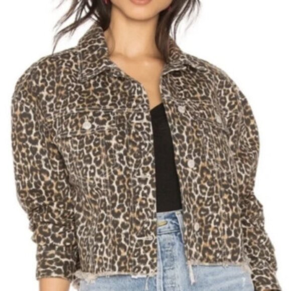 Free People Jackets & Blazers - Free People Leopard Print Raw Hem Denim Jacket Large